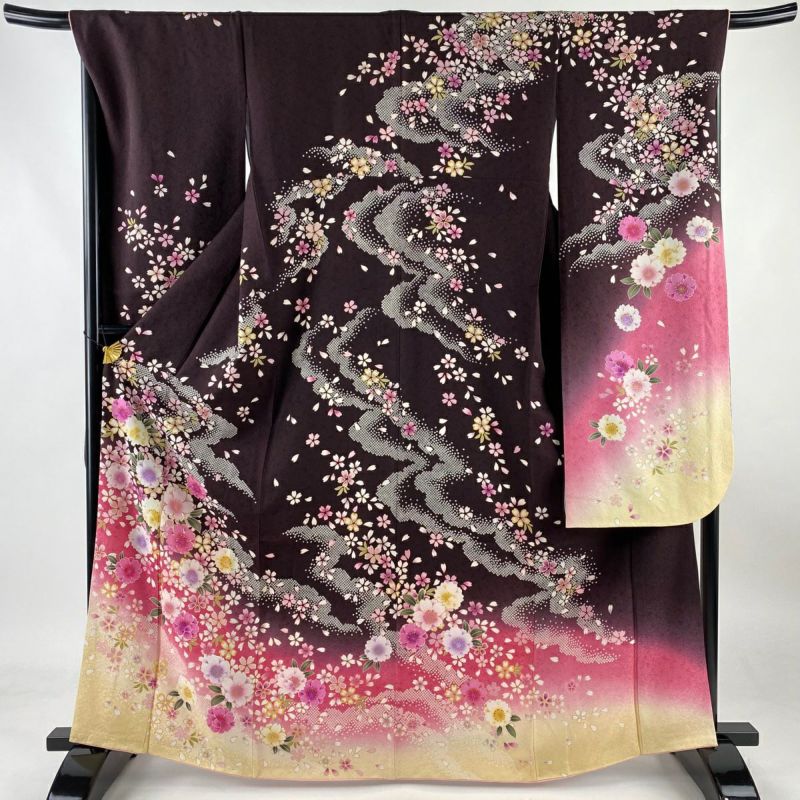 お気にいる 袷 L 裄丈68.5cm 身丈164.5cm 振袖 桜 正絹 焦茶色 金彩 刺繍 霞 着物・浴衣