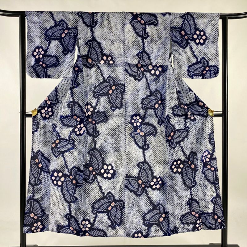 浴衣 身丈148cm 裄丈61cm S 絞り浴衣 蝶 絞り 紺色 綿 名品