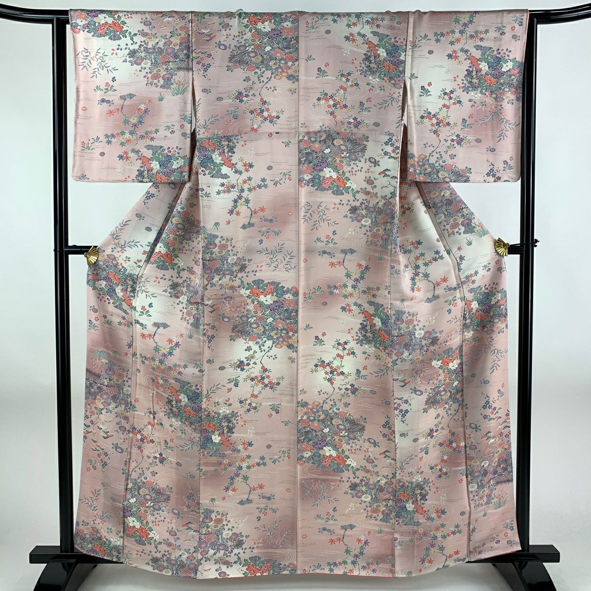 小紋 身丈161cm 裄丈63.5cm S 袷 草花 絞り クリーム 正絹 秀品