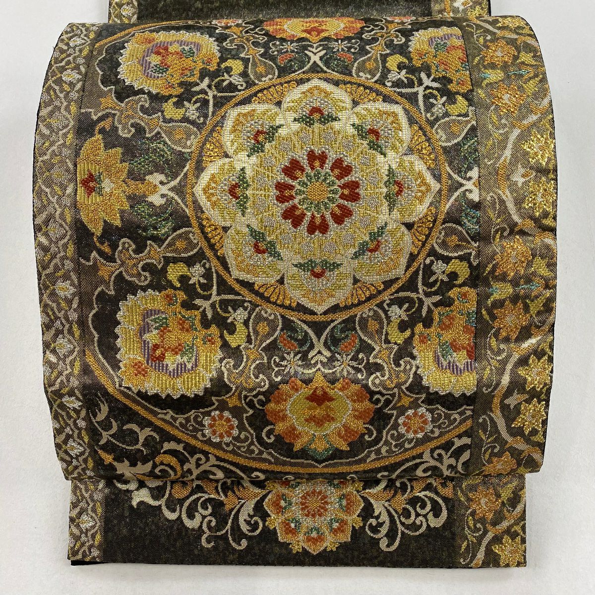 名古屋帯 美品 秀品 夏帯 花唐草 金銀糸 灰色 正絹｜中古・古着