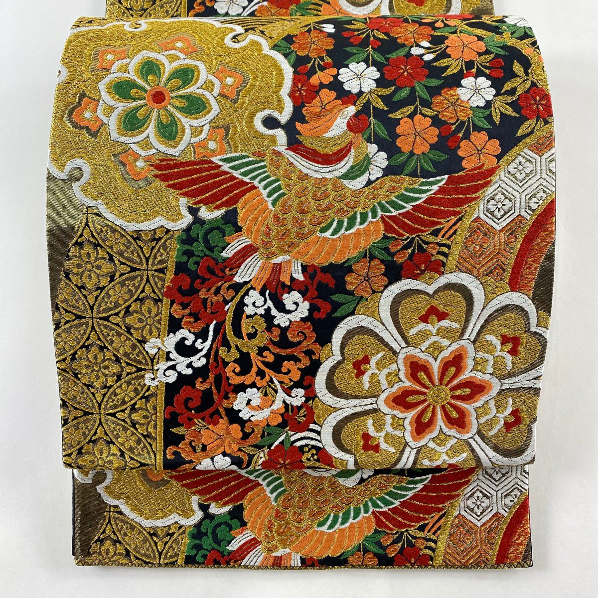 袋帯 美品 秀品 華文 鳳凰 金糸 箔 黒 六通 正絹｜中古・古着