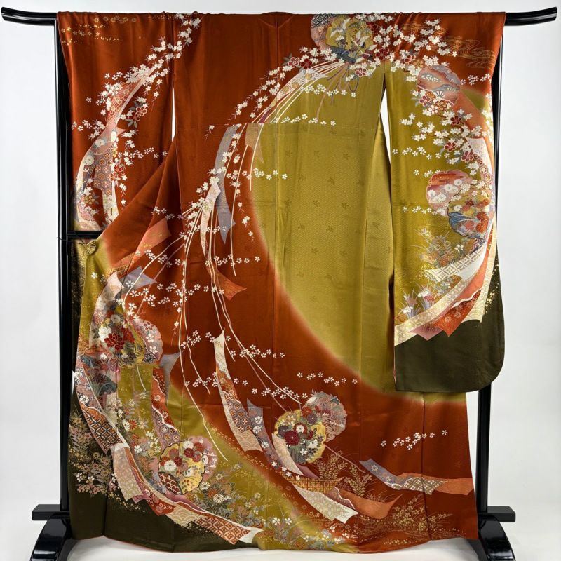 成人式振袖身丈160.5cm裄丈67cm雪輪 草花金糸金彩茶紫正絹美品セット中古 振袖 身丈167.5cm 裄丈67.5cm L 袷 雪輪 草花 金糸 金彩 赤茶 正絹 秀