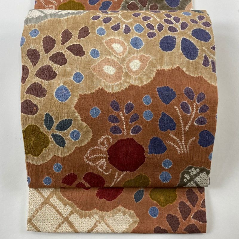 開き名古屋帯 秀品 草花 格子 絞り 薄茶色 正絹｜中古・古着