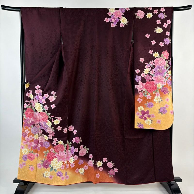 振袖 身丈162cm 裄丈67cm M 袷 草花 金彩 染め分け 茶紫 正絹 秀品
