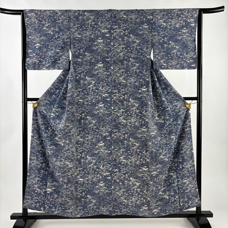 小紋 身丈155cm 裄丈63.5cm S 袷 草花 流水 青灰色 正絹 優品｜中古