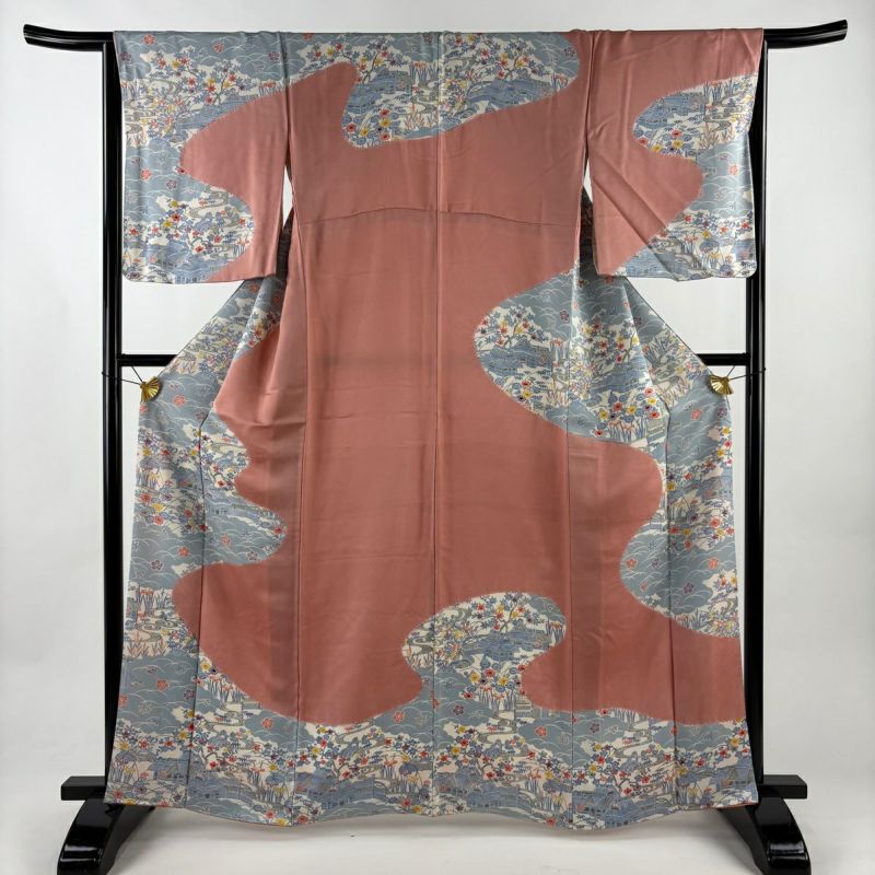 訪問着 身丈162cm 裄丈65.5cm M 袷 建物 草花 絞り 染め分け サーモン