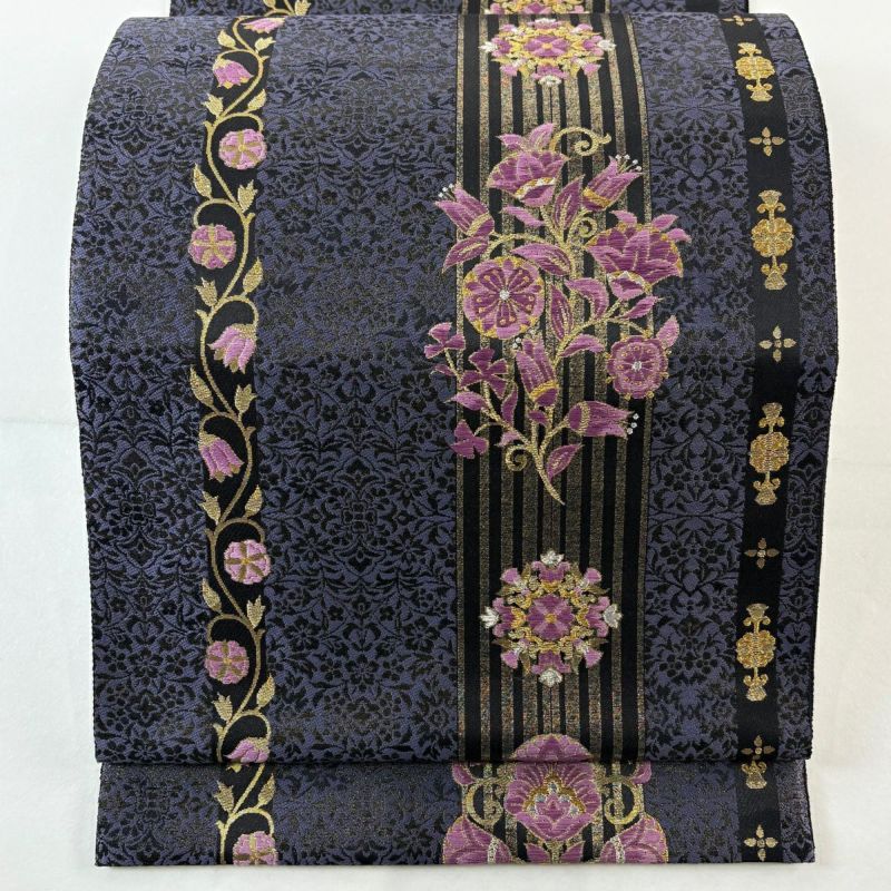 C5 琳派色紙文 本金箔 帝王紫 桔梗 菊 蔦 鶴 六通 正絹 フォーマルな袋帯 C5 琳派色紙文 本金箔 帝王紫 桔梗 菊 蔦 鶴 六通 正絹 フォーマルな