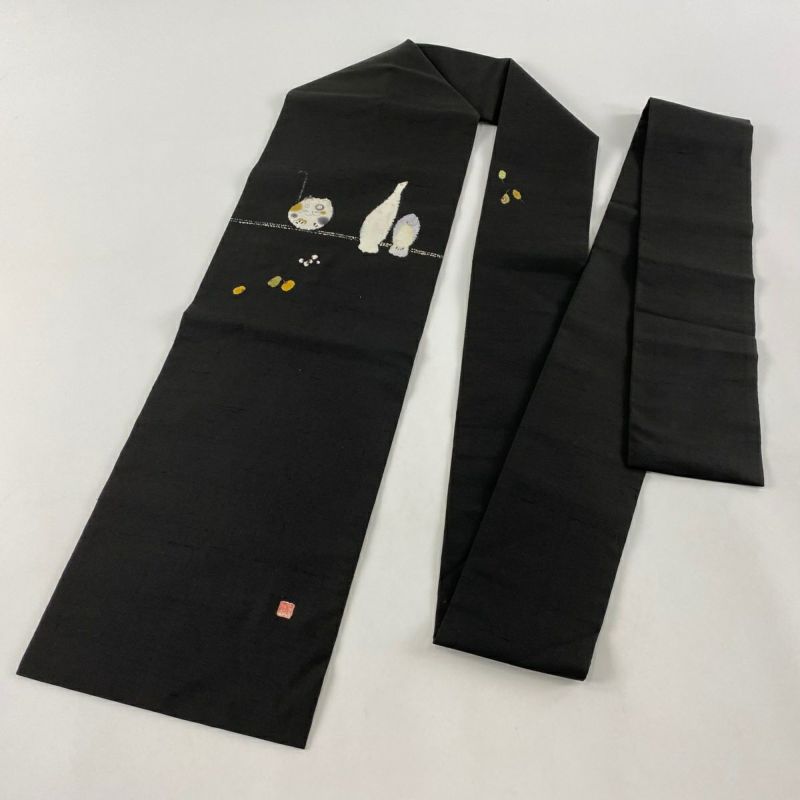 名古屋帯 逸品 猫 小鳥 絞り 墨色 正絹｜中古・古着・リサイクル