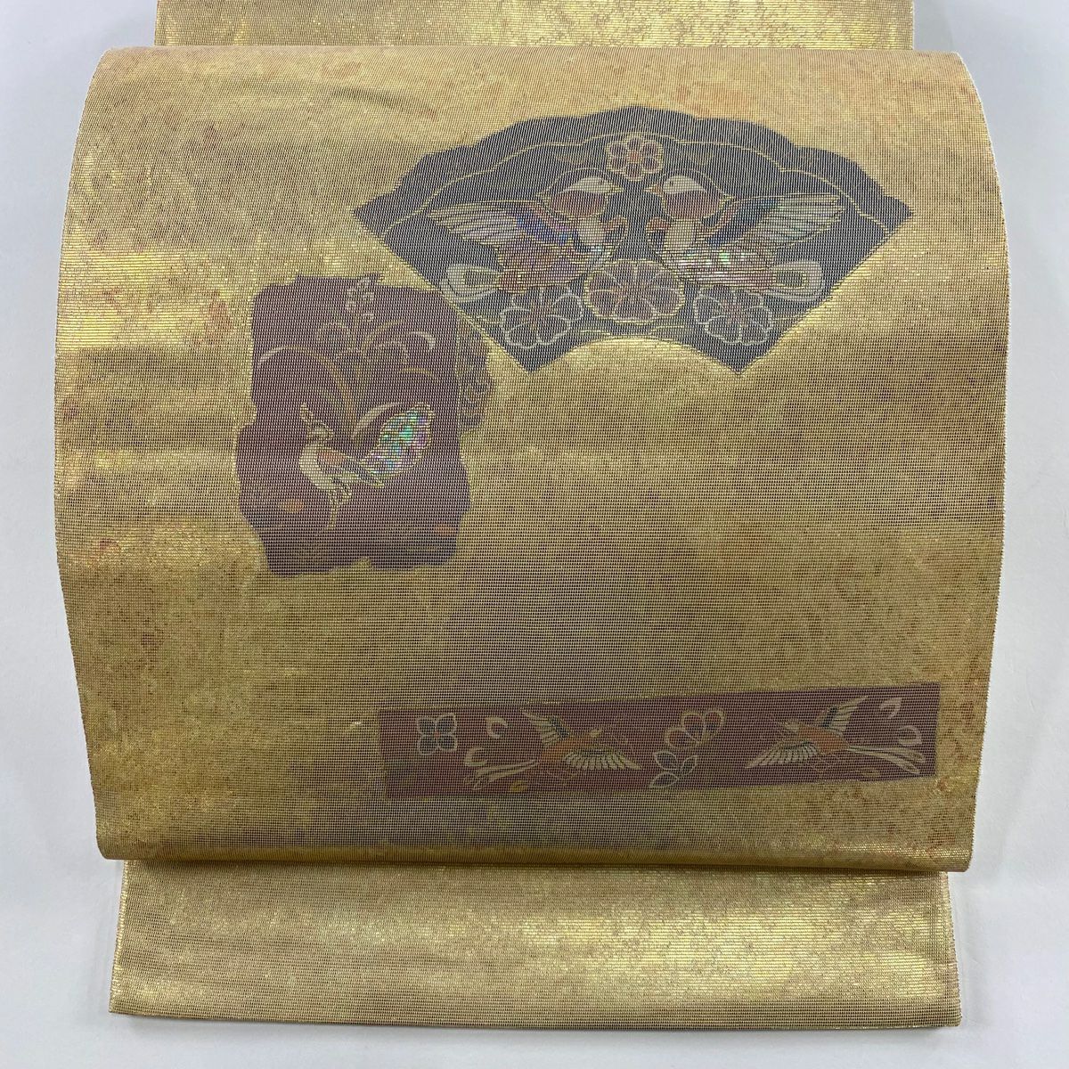 美品】 袋帯 逸品 落款 配送 木村間幸 霞 螺鈿箔 金糸 金色 お太鼓柄