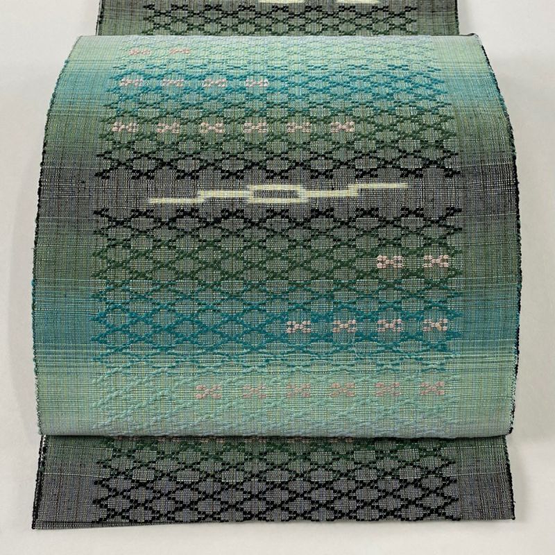 開き名古屋帯 逸品 幾何学模様 緑 正絹｜中古・古着・リサイクル