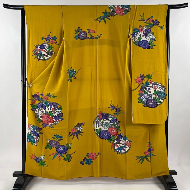 【振袖】 ちりめん 鳥 草花模様 金彩 着物 単衣 小振袖 身丈約158.5cm 振袖】 ちりめん 鳥 草花模様 金彩 着物 単衣 小振袖 身丈約