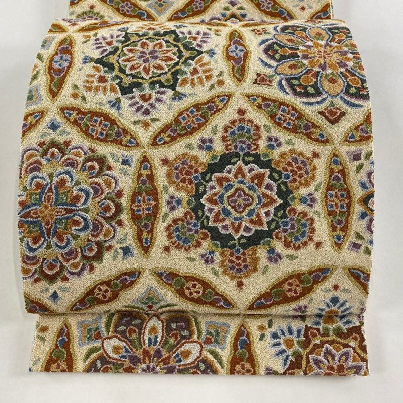 【限定セール！】 相良刺繍 華文 逸品 美品 袋帯 金糸 正絹｜中古 六通 ベージュ 着物・浴衣