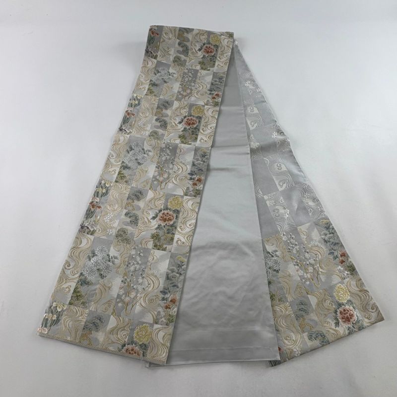 袋帯 名品 草花 流水 金糸 唐織 青灰色 六通 正絹｜中古・古着