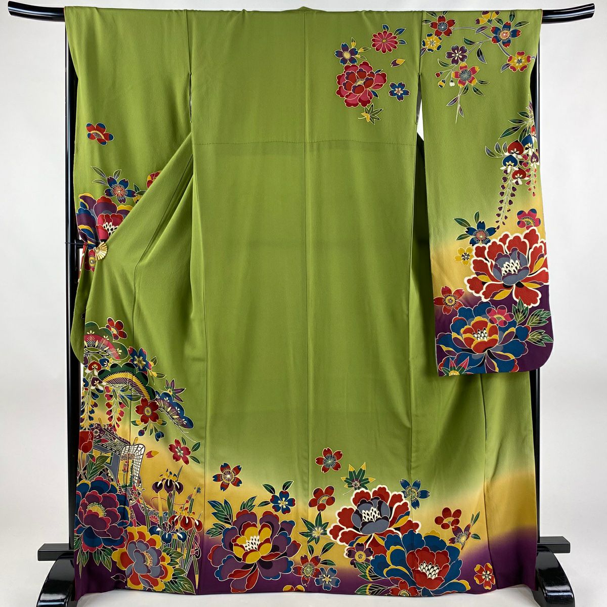 50%OFF 振袖 身丈176.5cm 裄丈69cm L 袷 草花 御所車 箔 金銀彩