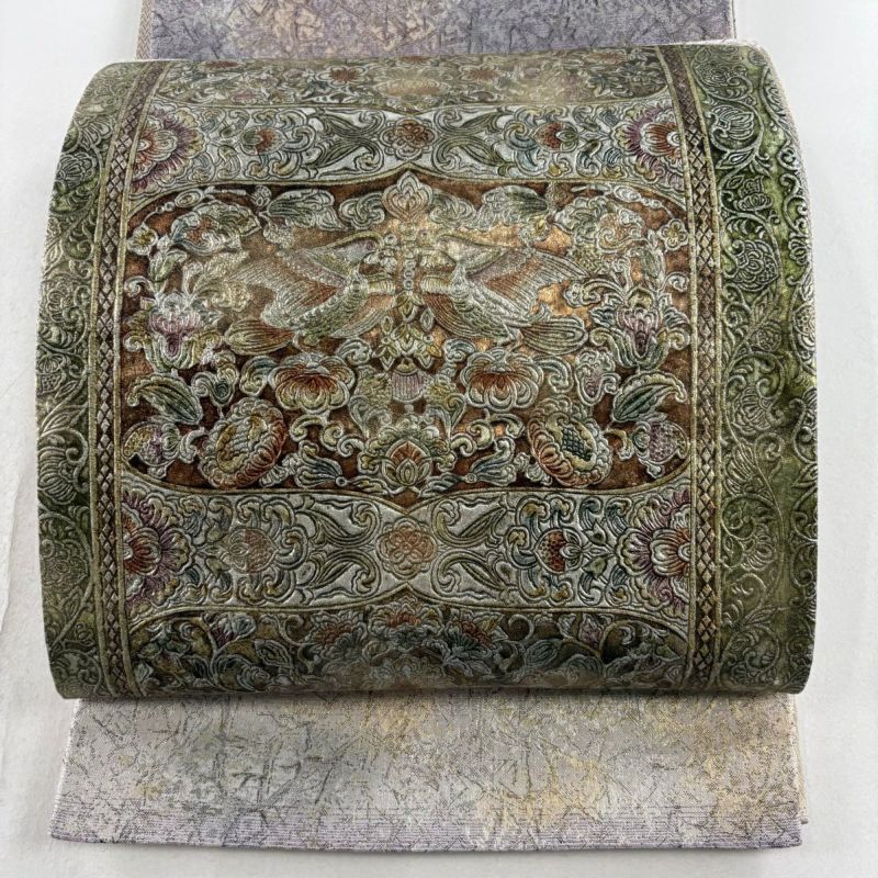 袋帯 美品 名品 向かい鳥 草花 金銀彩 箔 茶紫 お太鼓柄 正絹