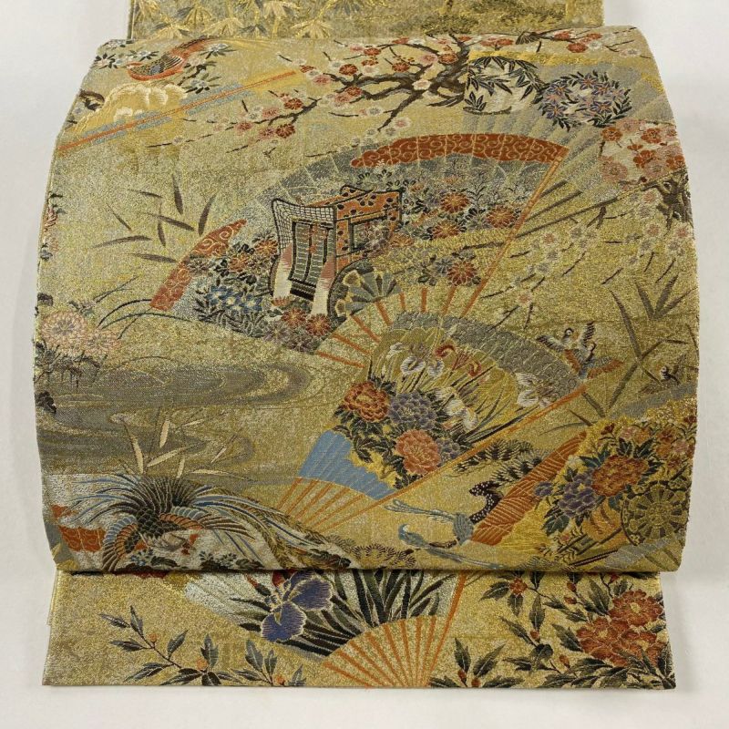 丸帯 逸品 扇 花鳥 箔 金糸 金色 お太鼓柄 正絹｜中古・古着