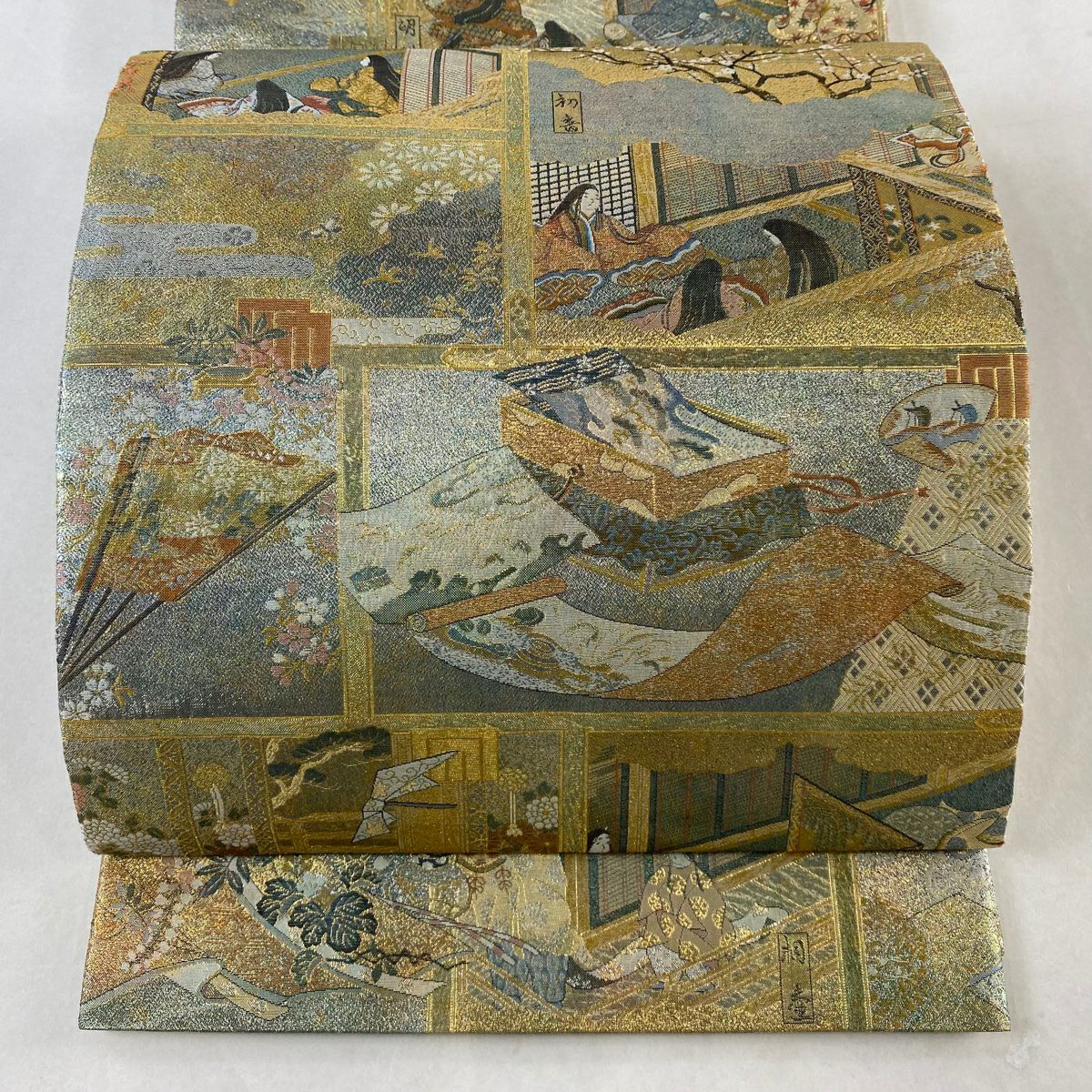 在庫一掃】 袋帯 美品 逸品 落款あり 徳川美術館秘蔵 扇 花鳥 箔
