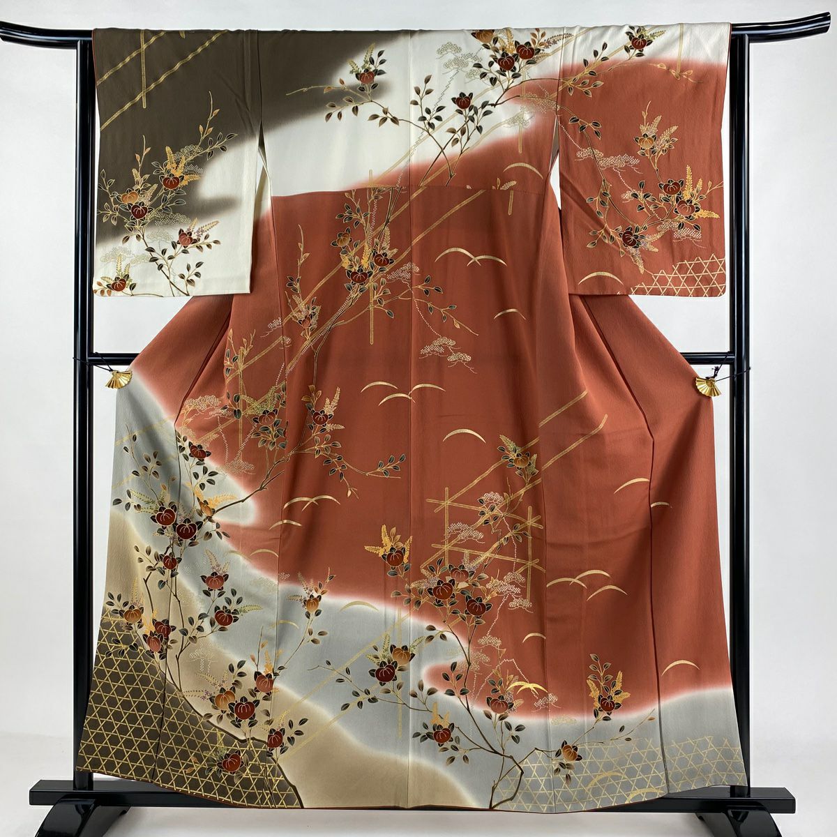 訪問着 身丈162cm 裄丈64cm M 袷 草花 流水 刺繍 金糸 水色 正絹