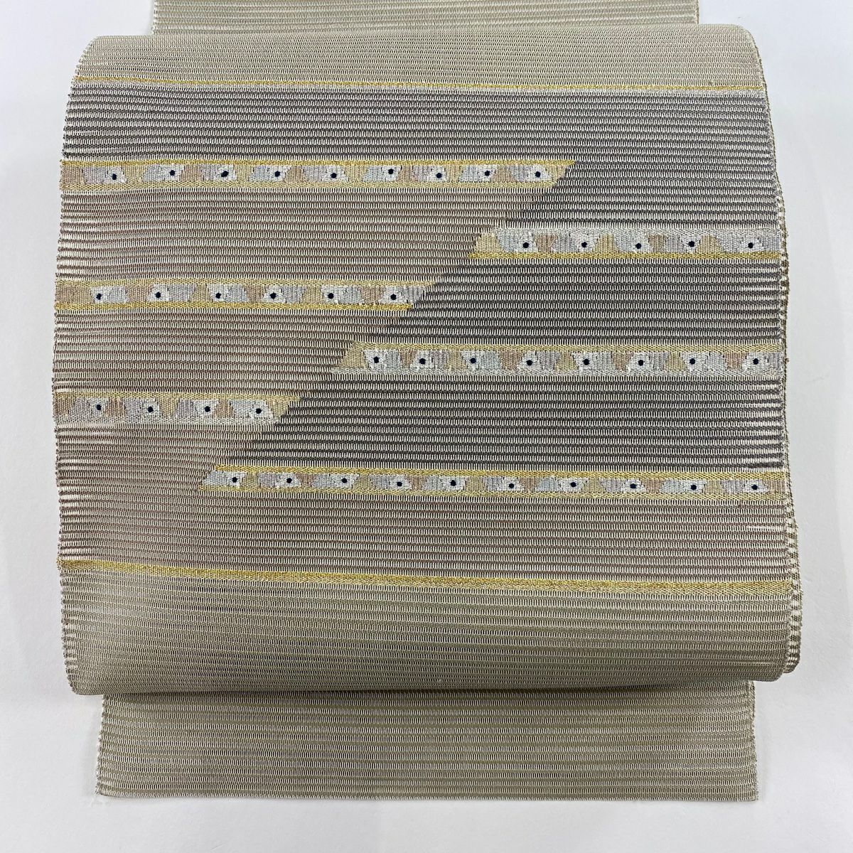 名古屋帯 美品 秀品 夏帯 絽 八寸名古屋帯 幾何学模様 銀糸 箔 名古屋帯 美品 秀品 夏帯 絽 八寸名古屋帯 幾何学模様 銀糸 箔