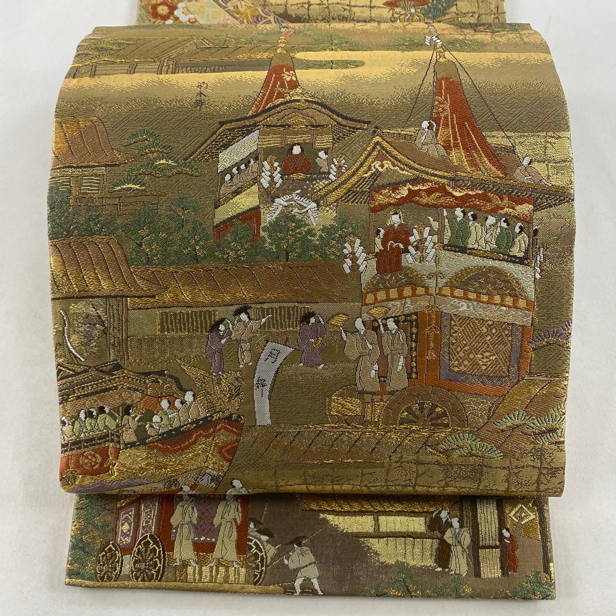 30%OFF 袋帯 美品 名品 手先二通り 人物 山鉾 金糸 刺繍 薄茶色