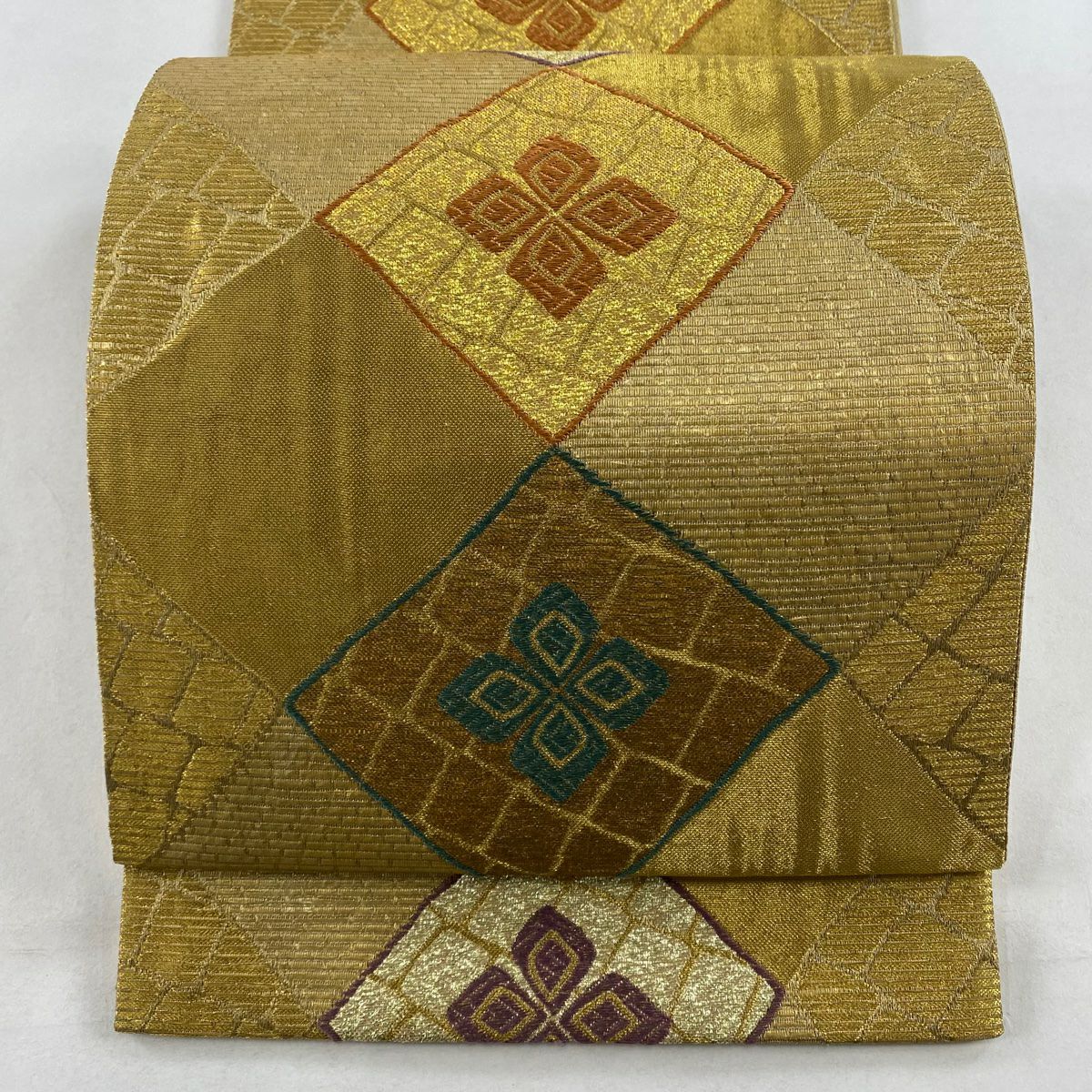 袋帯 美品 名品 縞 幾何学 箔 紫 全通 正絹｜中古・古着