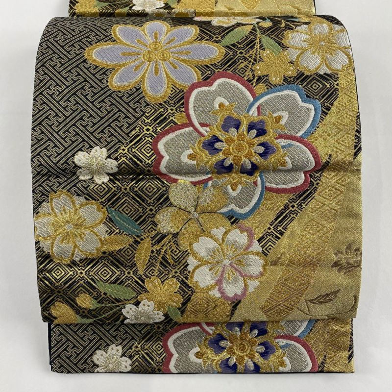 30%以上Off Sale 未使用 銀地 黒丸 高級袋帯 金駒刺繍 引箔袋帯【七宝 白灰】 [241021-kinho-39] - ￥115,000