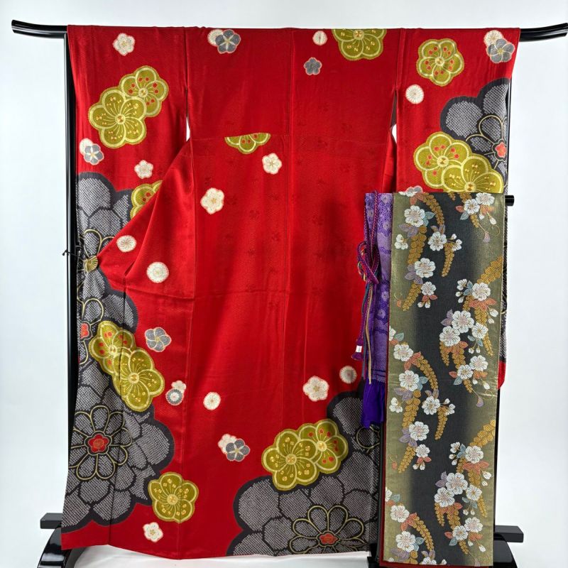 振袖 身丈165cm 裄丈66.5cm M 袷 袋帯フルセット 梅 菊 金糸 絞り 赤