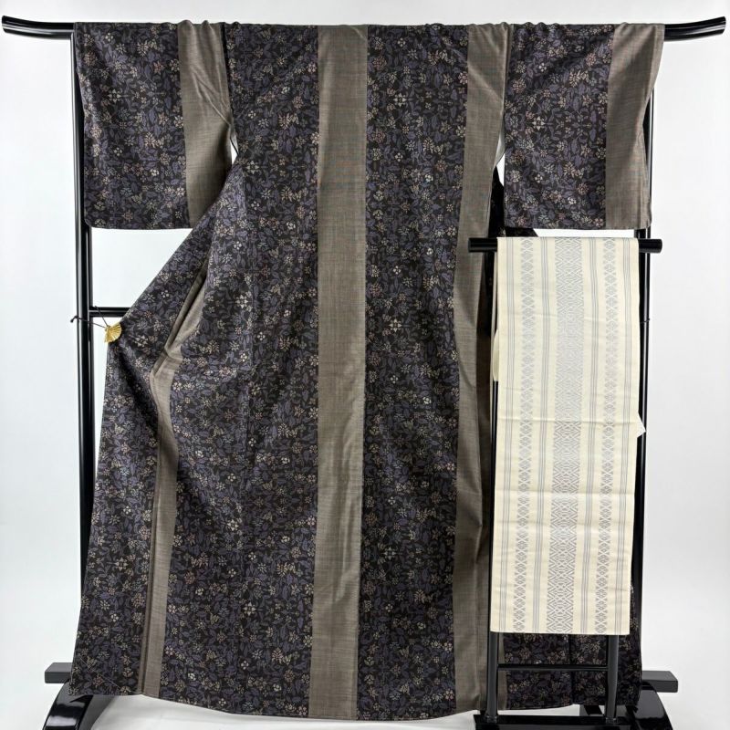 美品】 紬 身丈167.5cm 裄丈68cm L 袷 名古屋帯セット 草花 墨色 正絹