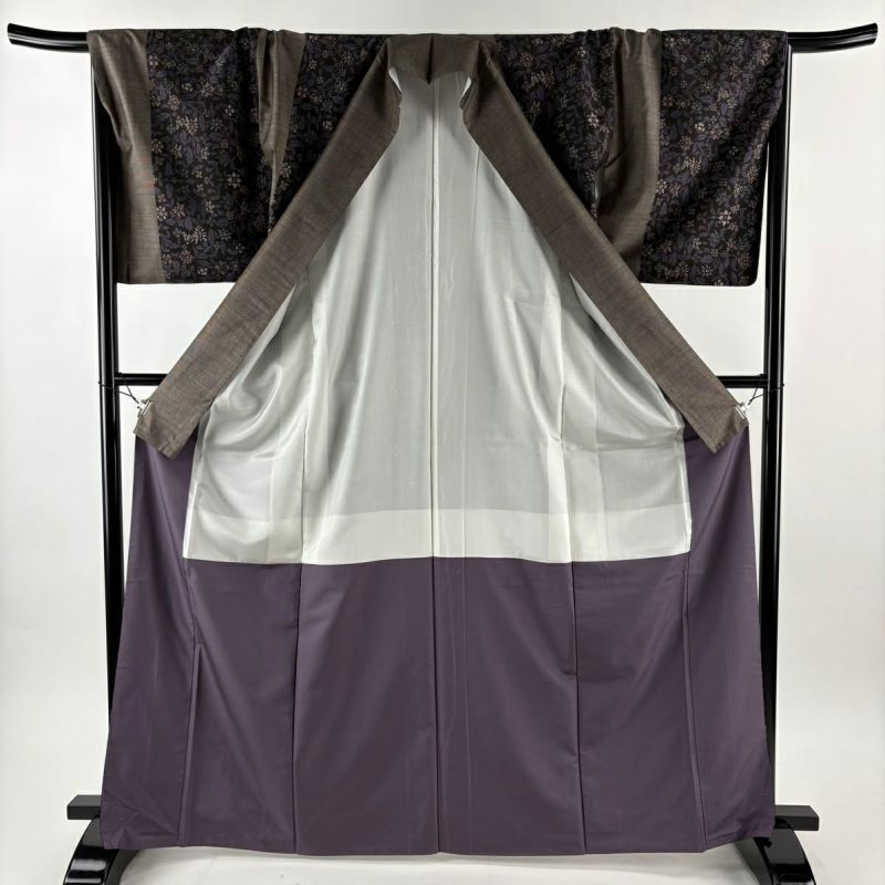 美品】 紬 身丈167.5cm 裄丈68cm L 袷 名古屋帯セット 草花 墨色 正絹