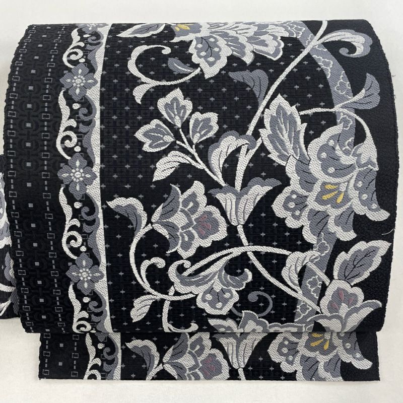 名古屋帯 美品 名品 八寸名古屋帯 花唐草 黒 正絹｜中古・古着
