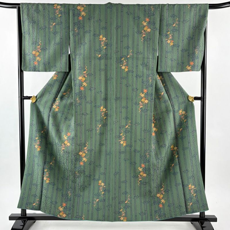 小紋 身丈157.5cm 裄丈66cm M 袷 洗える着物 枝梅 笹 緑 化繊 優品