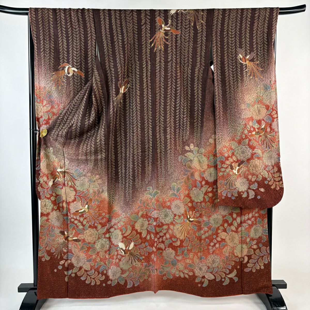 美品】 振袖 小売業者 身丈162.5cm 裄丈67.5cm L 袷 尾長鳥 草花 金