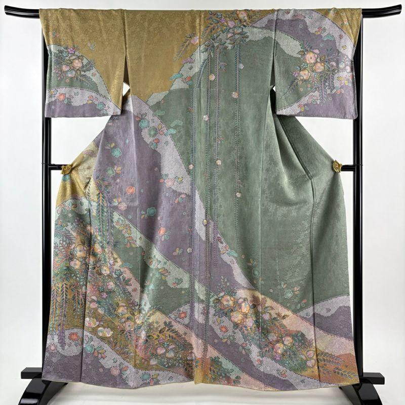 美品】 訪問着 身丈161cm 裄丈67.5cm L 袷 辻が花柄 鴛鴦 金彩