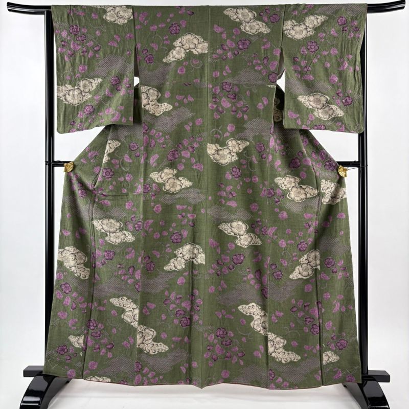 美品】 小紋 身丈163.5cm 裄丈64.5cm M 袷 紬地 辻が花柄 絞り 深緑