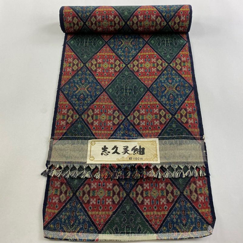 反物 秀品 紬 菱 幾何学 赤 正絹｜中古・古着・リサイクル着物