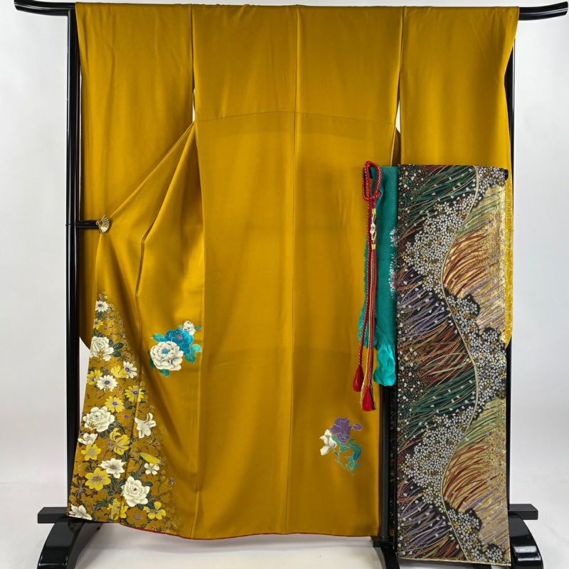 ち★美品★ 振袖&長襦袢セット　正絹　織柄無地　花紋刺繍　身丈162センチ 振袖 身丈168cm 裄丈70cm L 袷 牡丹 桜 刺繍 銀通し 薄ピンク