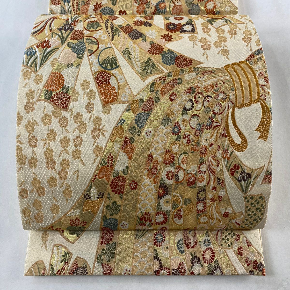袋帯 美品 秀品 束ね熨斗 華文 金糸 箔 赤紫 六通 正絹|中古