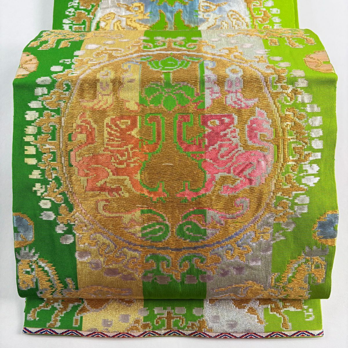 袋帯 逸品 龍村平蔵 落款あり 関西仕立て 円文白虎錦 縞 箔 金銀糸 黄