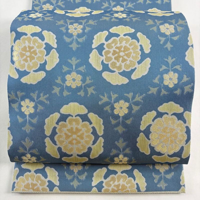 美品】 袋帯 逸品 人間国宝 北村武資 落款あり 華文 草花 金糸 水色 六