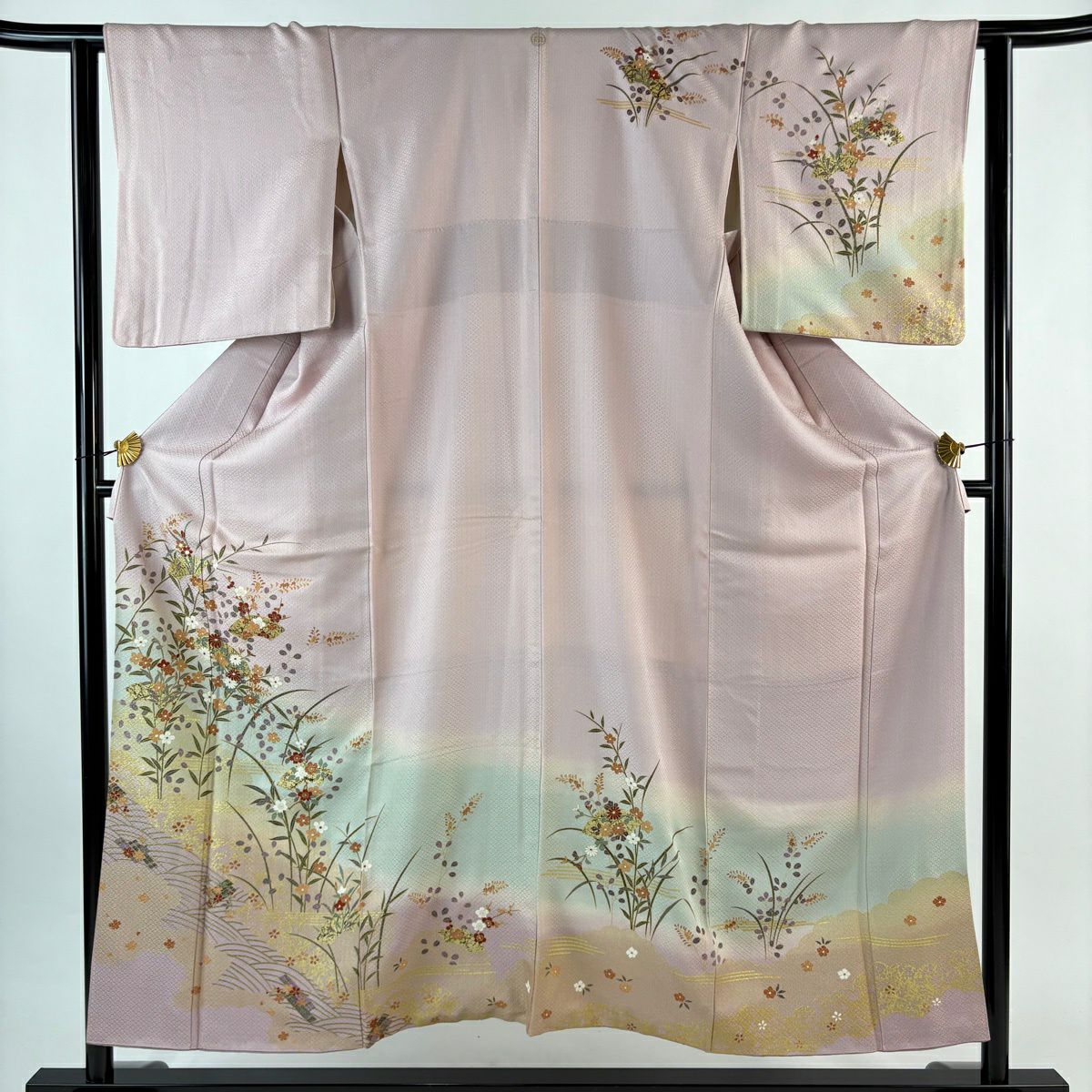 美品】 訪問着 身丈153.5cm 裄丈62cm S 袷 草花 波 金彩 染め分け