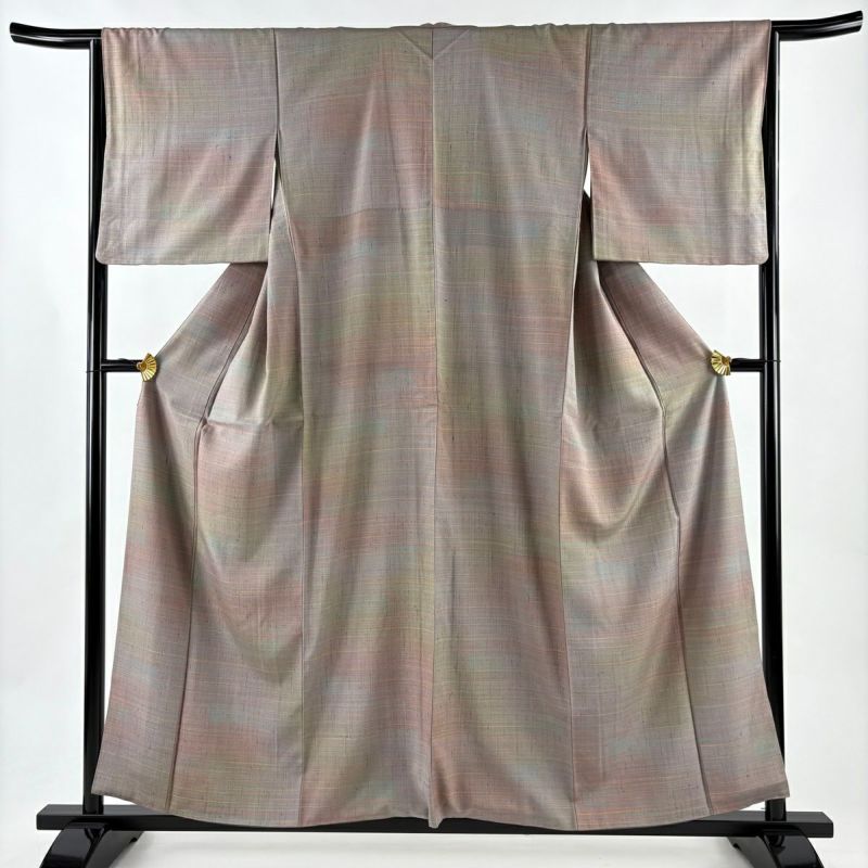 美品】 小紋 身丈157.5cm 裄丈65cm M 袷 紬地 横縞 灰紫 正絹 秀品