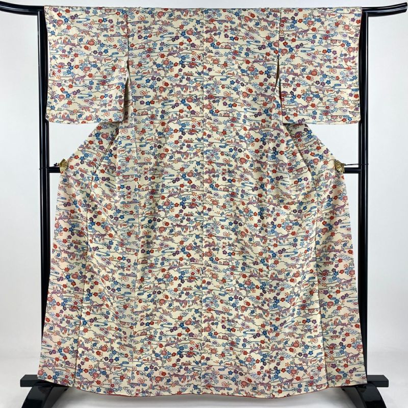 て*ず様 美品　袷　正絹　作家物　鮫小紋　縮緬　フルセット　身丈156 裄丈65 未使用 鮫小紋 色無地 一つ紋 正絹 着物 ちりめん 紫 半色 1067