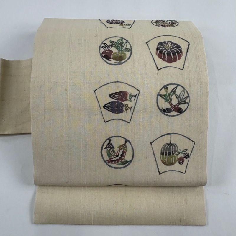 名古屋帯 美品 名品 夏帯 紬地 扇面 生り物 ベージュ 正絹｜中古