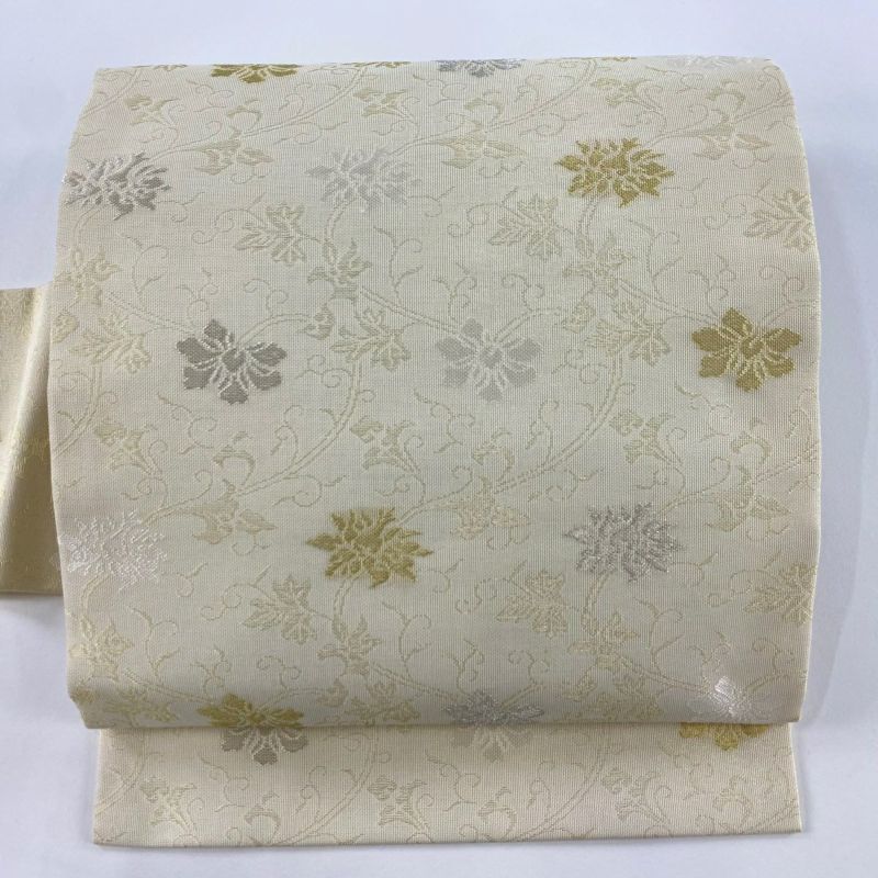 H 美品 夏物 花円模様 白色 金銀糸 正絹 六通 絽 紗 フォーマルな名古屋帯 H 美品 夏物 花円模様 白色 金銀糸 正絹 六通 絽 紗 フォーマル