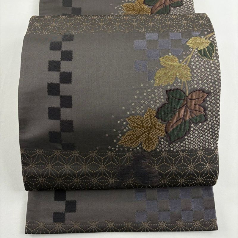 美品】 袋帯 秀品 やまと 葉柄 麻の葉 金糸 灰紫 六通 正絹｜中古