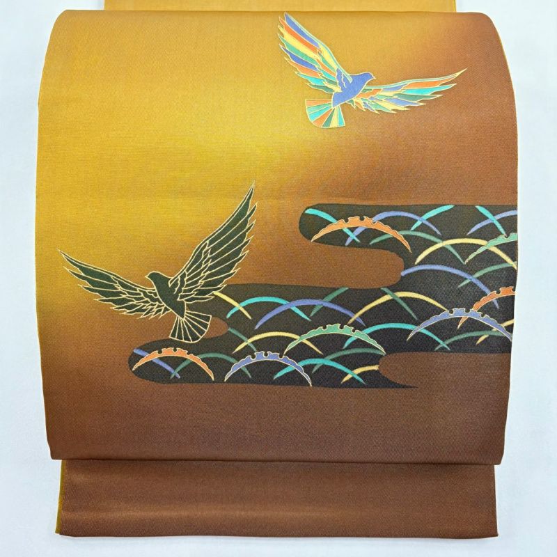 袋帯 秀品 鳥 ヱ霞 金彩 箔 山吹茶色 お太鼓柄 正絹｜中古・古着