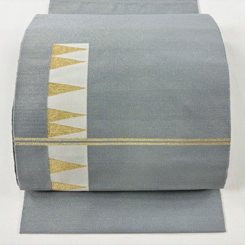 名古屋帯 秀品 松葉仕立て 八寸名古屋帯 縞 幾何学模様 金糸 灰緑 正絹