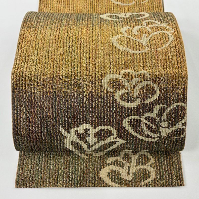 名古屋帯 秀品 松葉仕立て 八寸名古屋帯 花 段縞 薄茶色 正絹｜中古