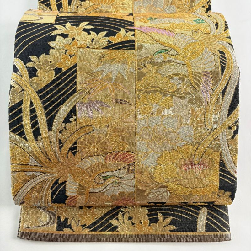 美品】 袋帯 秀品 振袖向き 短冊 鳳凰 箔 金銀糸 金色 六通 正絹｜中古