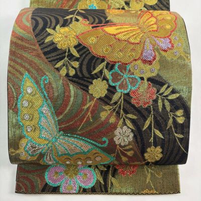 袋帯 秀品 振袖向き 蝶 桜 箔 金糸 金色 六通 正絹｜中古・古着
